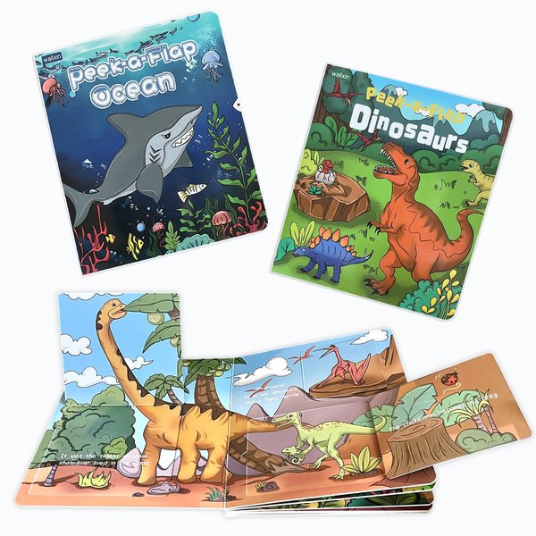 Wallxin Peek-a-Flap - Lift The Flap Interactive Board Book Early Learning Education Gift for Babies Toddlers Kids Boys Girls Litter Dinosaur & Ocean Lovers - 2 Pack