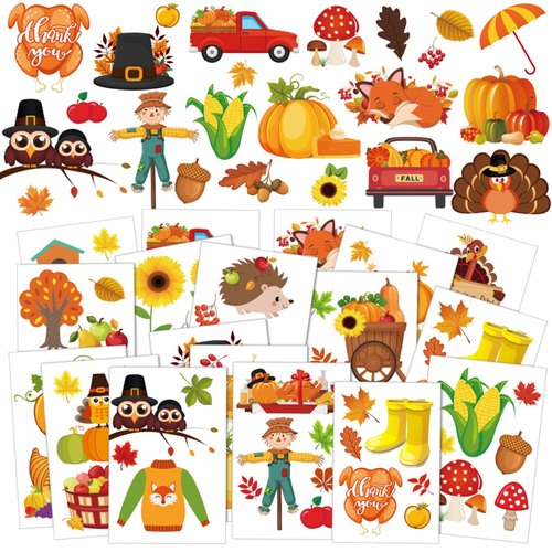Ferraycle 292 Pcs Fall Temporary Tattoos Thanksgiving Autumn Harvest Temporary Tattoos Stickers for Kids Fake Tattoos with Pumpkin Turkey Maple Leaves for Fall Party Supplies