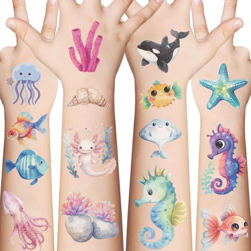 90 PCS Ocean Life Temporary Tattoos Sea Themed Birthday Party Decorations Favors Supplies Under Sea Animals Tattoo Stickers for Kids Boys Girls Gifts Goodie Bags Fillers Prizes Rewards
