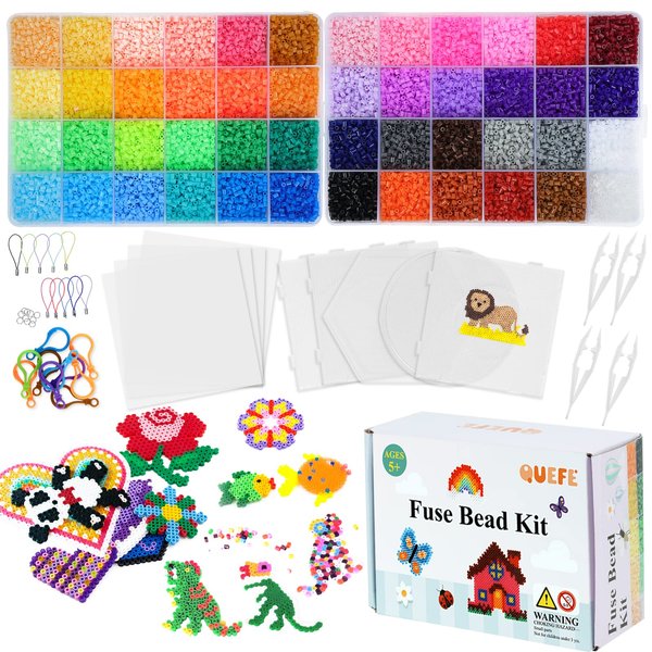 QUEFE 25000 Mini Fuse Beads Kit, 2.6mm Beads, Tiny Melty Beads in 48 Colors for Kids and Adults, Fuse Beads Set with 4 Pegboards, 3 Tweezers, 3 Ironing Paper for Arts, Crafts & Gifts