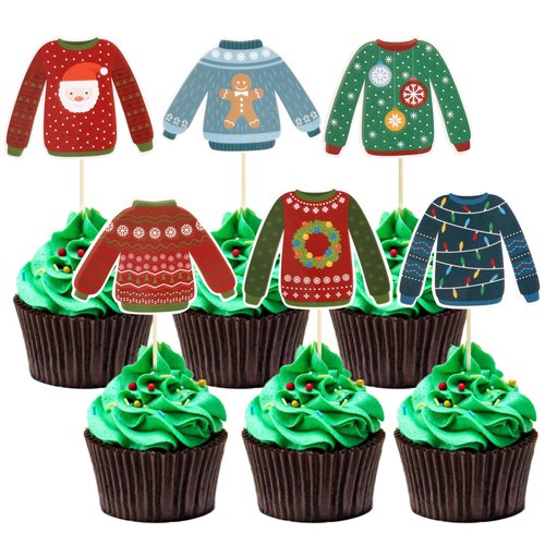 Gyufise 36Pcs Ugly Sweater Cupcake Toppers Ugly Sweater Party Decorations for Christmas Party Decorations Ugly Sweater Christmas Decorations Xmas Party Supplies
