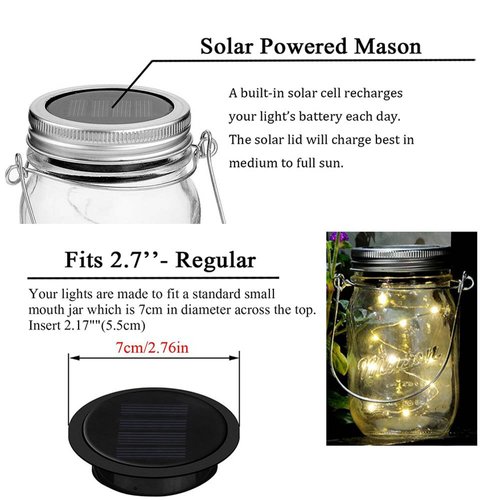 6 Pack Mason Jar Lights, 10 LED Solar Colorful Flicker Fairy String Lights Lids Insert for Garden Deck Patio Party Wedding Decorative Lighting Fit for Regular Mouth Jars