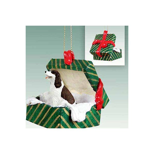 Springer Spaniel Gift Box Christmas Ornament Liver-White - Delightful!