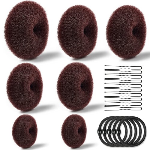 TsMADDTs Hair Bun Maker - Accessories Kit with 7pcs Donut Bun Makers, 5pcs Elastic Bands, 20pcs Hair Pins - Dark Brown