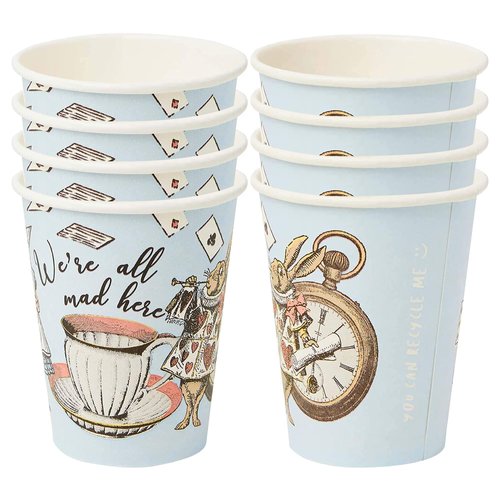 Talking Tables 8 x Blue Alice in Wonderland Paper Disposable Cups | Mad Hatter Themed Party Supplies for Afternoon Tea Party, Onederland Birthday, Mother's Day, Baby Shower, 100% Recyclable