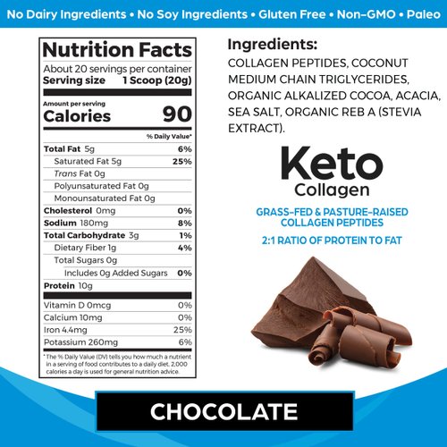 Orgain Keto Collagen Protein Powder, Chocolate - 10g Grass Fed Hydrolyzed Collagen Peptides for Women & Men, Type I & III, 5g MCT Oil - Hair, Skin, Nail, & Joint Support, Non-GMO, Gluten Free - 0.88lb