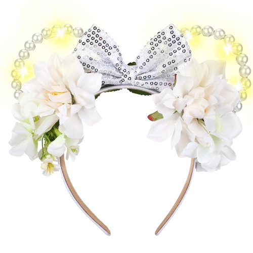 VISSTREE LED Mouse Ear Headband - LED Light Up Flower Mouse Crown White Shiny Bow Tie Pearl Mermaid Sequin Glitter Flower Rat Headpiece for Women Girls Park Party Costume Headwear