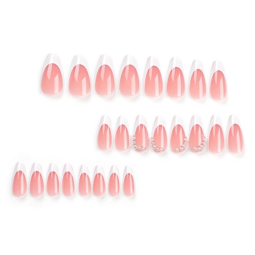 White French Tip Press on Nails Medium Almond Fake Nails with Pearl Glossy Designs Nail Art Supplies Nude Pink False Nails Stick on Nails for Women Girls Acrylic Nail Manicure Salon Decorations 24Pcs