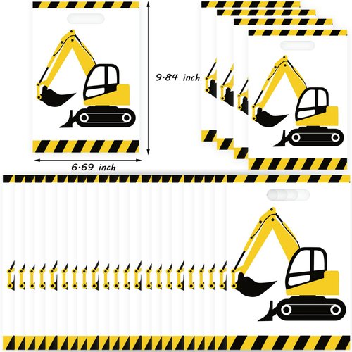 CupaPlay 50Ct Construction Zone Party Supplies Goodie Favor Plastic Bags - Kids Construction Birthday Party Favors Decorations Tractor Truck Goodie Gift Bag