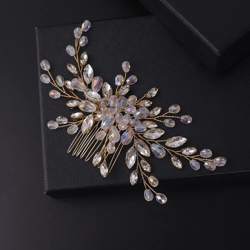 BERYUAN Beaded Hair Comb for Bride Bridal Hair Pieces Crystal Wedding Hair Accessory for Women and Girls Silver Cute Jewelry (Gold)