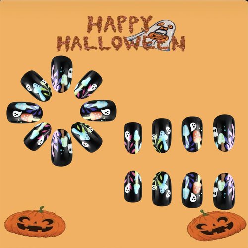 White Ghost Press on Nails Short Square Shape Halloween Fake Nails with Mushroom Designs Cute Ghosts Acrylic Nails Glue on Nails Full Cover Spooky False Nails for Women Girls Reusable Kit 24 Pcs