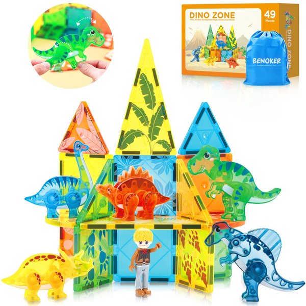 BENOKER Dinosaur Magnetic Tiles,Animals Magnet Building Blocks Toys Dino World,3D STEM Educational Magnet Tiles for Boys Girls Kids Age 3 4 5 6 7 8