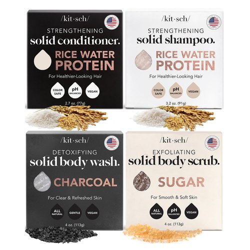 Kitsch 4-Piece Bar Set - Rice Water Shampoo & Conditioner Bars, Charcoal Body Soap Bar, Sugar Scrub Bar - Solid Bars w/Castor Oil & Coconut Oil - Vegan, Paraben & Sulfate Free, Hair & Body Care