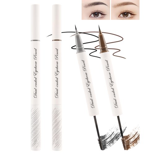 Black Brown Liquid Eyebrow Pen Tinted Brow Gel,2Pcs 2-in-1 Brow Glue & Microblading Liquid Eyebrow Eyeliner Pencil,Fast Sculpt Fill in Brow,Longlasting Waterproof Eye Makeup Pen,Brow Filler for Women