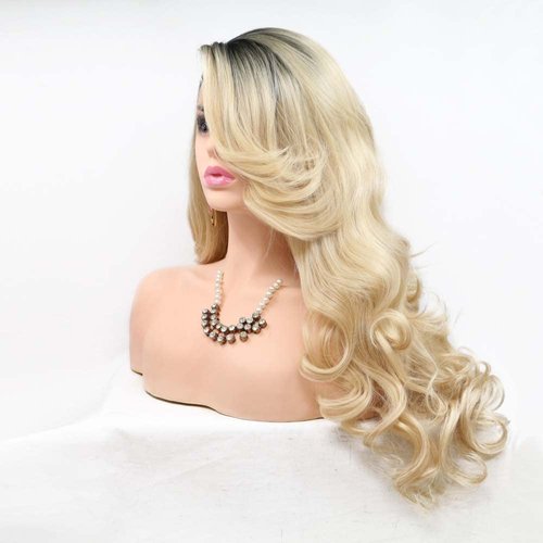 Melody Blonde Wig With Dark Roots Long Wavy Gold Synthetic Lace Front Wigs For Women 180% Density Side Part with Upsweep to Make Face Smaller Heat Resistant Fiber Hair 24 inch