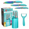 TruChef 5 Piece Kids Cooking Set - Knives, Peeler, Serrated Knife and Holder in Aqua