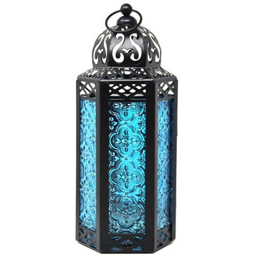 VELA LANTERNS Moroccan Candle Lantern Decorative Candle Holder Lamp for Table or Hanging, Ramadan Decorations, Indoor Home Decor, Outdoor Patio or Porch, Weddings, Black Metal, Blue Glass, Medium
