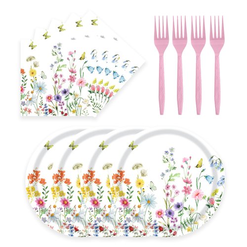 KFJBPB 72 Pcs Wildflower Paper Plates and Napkins Party Supplies, Floral Party Plates and Napkins Tableware Set for Spring Summer Picnic Wedding Birthday Baby Shower Tea Party Decorations Serves 24