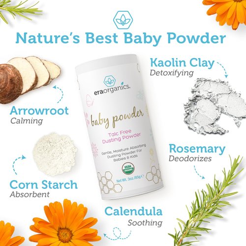 USDA Organic Baby Powder Talc-Free Dusting Powder - Soothing Organic Arrowroot, Calendula and Cornstarch Baby Powder for Newborn, Babies and Toddlers - Made in USA - 3oz/85g
