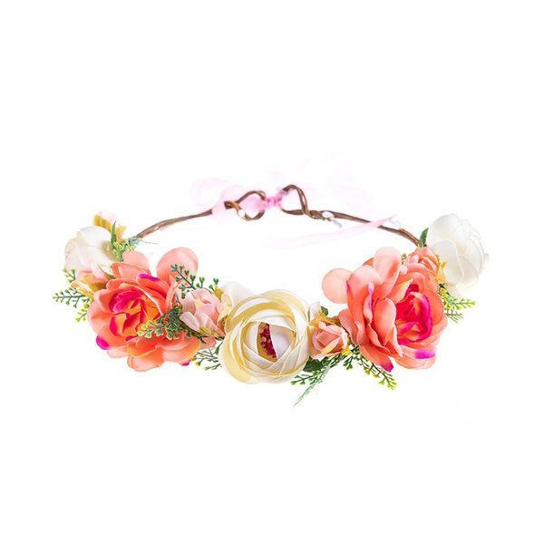 Lofruiin Women's Bohemian Simulated Rose Flower Wreath Adjustable Rose Flower Headband Seaside Party Floral Headpiece (Coral)
