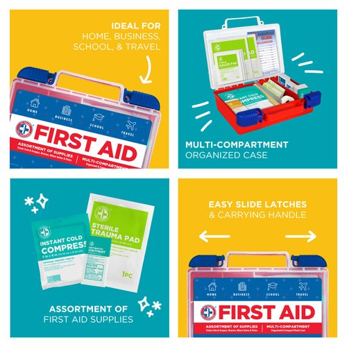 Be Smart Get Prepared 180 Piece First Aid Kit: Clean, Treat, Protect Minor Cuts, Scrapes. Home, Office, Car, School, Business, Travel, Emergency, Survival, Hunting, Outdoor, Camping & Sports, FSA HSA