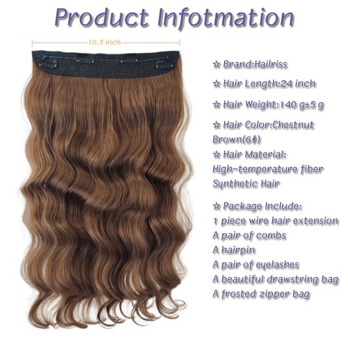 Wire Hair Extensions with 4 Secure Clips Long Wavy 24 inch Curly Synthetic Hair Invisible Transparent Wire Extensions Hairpiece for Women Adjustable Headband Hailriss Hair Chestnut Brown Color