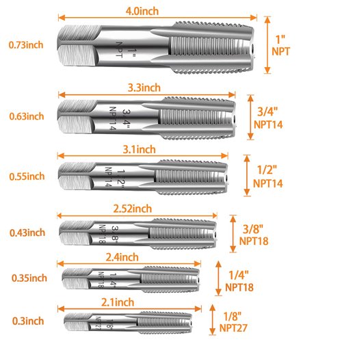6-Piece NPT Pipe Tap Set, Precision Carbon Steel NPT Tap Set for Clean Accurate Threads, 1", 3/4", 1/2", 3/8", 1/4", 1/8" NPT Tap, Perfect for Plumbers Mechanics DIYers, with Durable Plastic Case