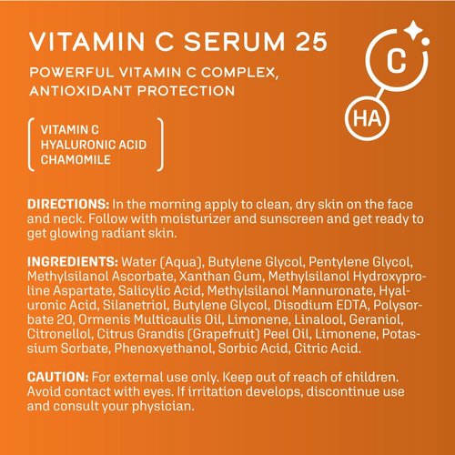 DCL Skincare Vitamin C Serum 25, High Potency 25% Vitamin C Anti-oxidant Serum with Amino and Hyaluronic Acids, 1 Fl Oz