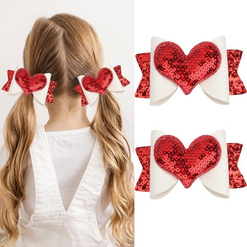 2PCS Valentine's Day Hair Clips Love Heart Sequins Bows Hair Pins Red Heart Sequins Hairgrips for Valentine's Day Birthday Holiday Hair Accessories For Girls Toddler Kids
