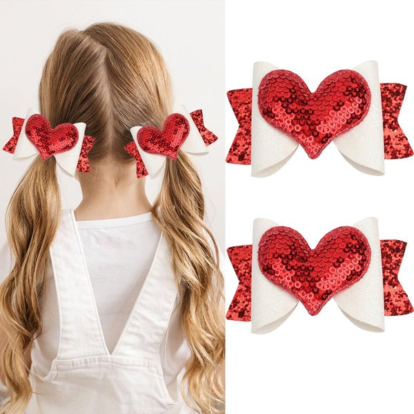 2PCS Valentine's Day Hair Clips Love Heart Sequins Bows Hair Pins Red Heart Sequins Hairgrips for Valentine's Day Birthday Holiday Hair Accessories For Girls Toddler Kids
