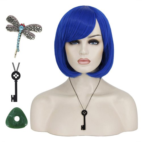 shecool Blue Coraline Wig Blue Bob Wigs for Coraline Costume Women Girls Short Blue Wig with Necklace Hairpin Pendant SL005BL