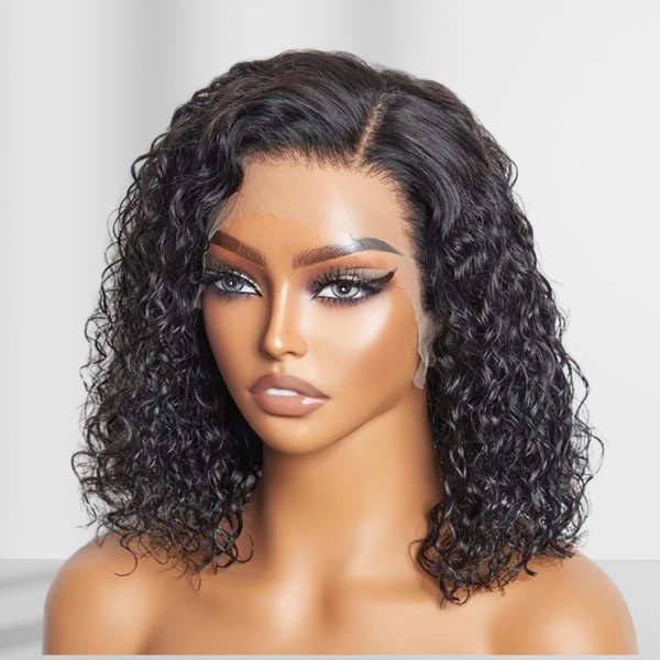 KADOYEE HD Transparent Deep Wave Lace Front Wigs 13X4 Deep Wave Bob Lace Wig Pre Plucked Brazilian Virgin Glueless Human Hair Wig for Black Women Natural Color 150% Density 12 Inch