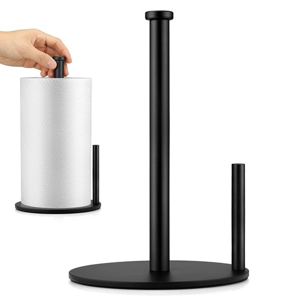 KEWANNO Black Paper Towel Holder, Countertop Paper Towel Holder, Steady Paper Roll Holder, Weighted Paper Towel Stand for Kitchen Bathroom Organization