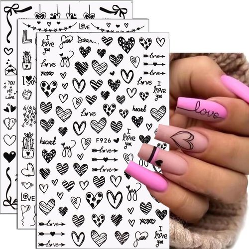 Heart Nail Stickers for Nail Art, Valentine's Day Nail Art Stickers 3D Self-Adhesive Black Love Heart Letter Valentines Sticker for Nails Art Decorations French Manicure Decals DIY Nail Art Supplies