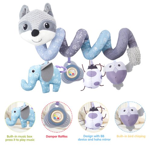 HILENBO Car Seat Toys, Infant Baby Spiral Activity Hanging Toys for Car Seat Stroller Crib Bassinet Mobile with Music Box BB Squeaker Rattles-Gray Fox