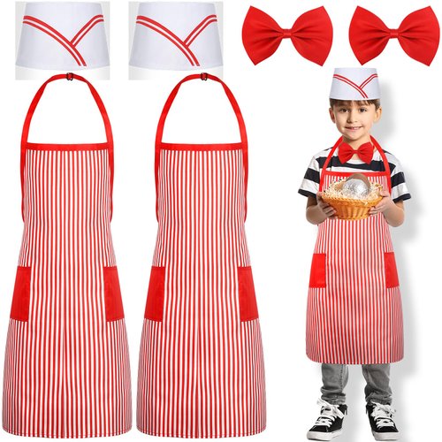 SEEWEY 6 Pcs Kids Halloween Waiter Costume Kit 1950s Waitress Dress up Soda Jerk Costume Red White Striped Apron Chef Hat Bow Ties Popcorn Vendor Outfit for Movie Night Circus Party