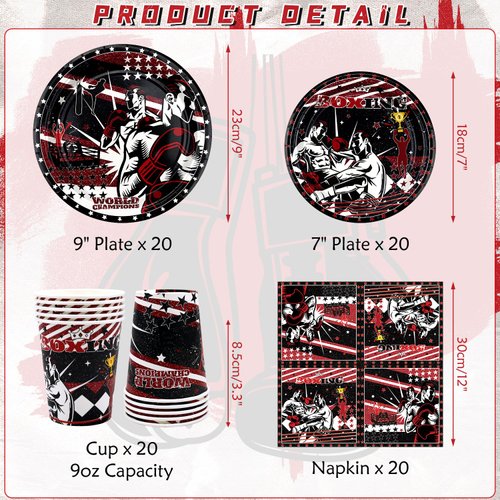 Obussgar Boxing Birthday Party Decorations - Boxing Party Supplies including Plates, Cups, Napkins, Tablecloths for Boxing Party Decorations - Serves 20 (4-20)