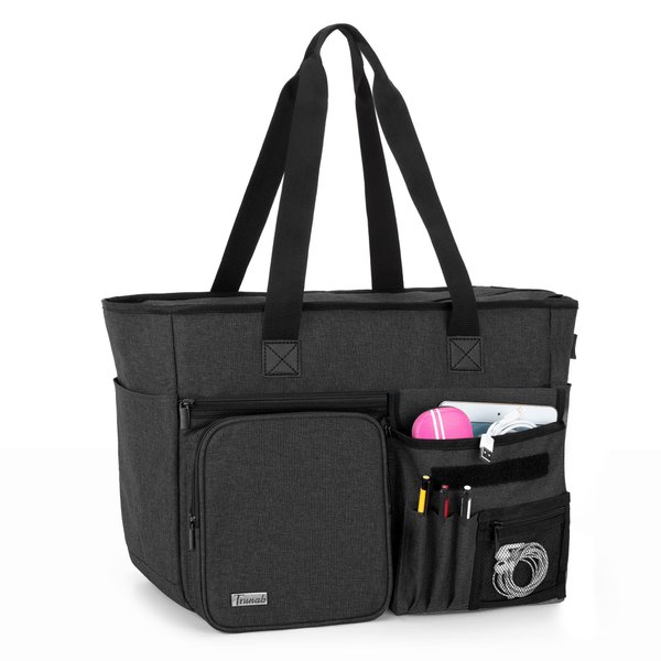 Trunab Teacher Tote Bag, Teacher Work Bag with Multiple Pocket and Padded Compartment for up to 15.6”Laptop, Zip Top Utility Carrying Bag for Working Women, Travel, School, Office, Business, Black