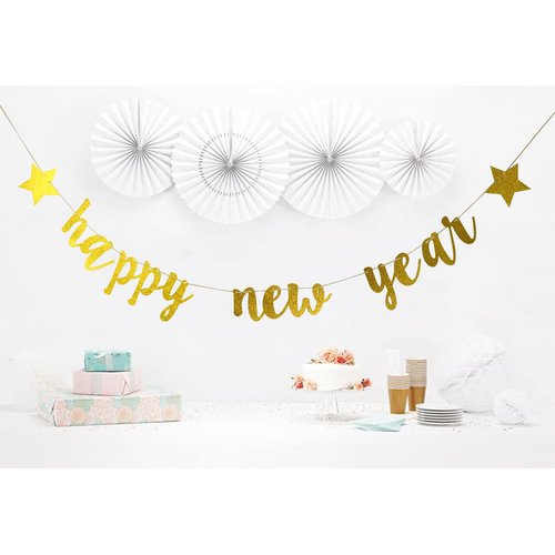 Starsgarden Happy New Year Banner for NYE Decorations 2024 - Gold Glitter | Happy New Year Sign for 2024 New Years Decorations | New Years Eve Party Supplies 2024