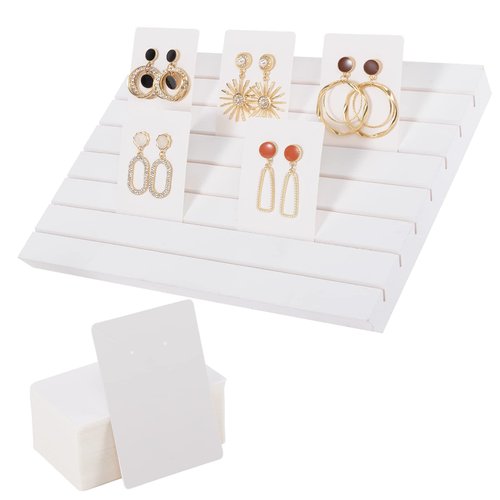 Aulock Wooden Earring Display Stands- Portable Wooden Earring Display Holder with 2 Detachable Pegs+ 200pcs Earring Cardboard for Selling Earring Jewelry Show Business Card Holder Display (White)