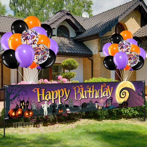 36 Pieces Halloween Birthday Party Decoration Set, Halloween Theme Happy Birthday Banner with 35 Pcs Balloons Pumpkin Cat Tombstone Mummy Birthday Yard Banner for kids Halloween Party Favors Supplies