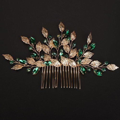 BERYUAN Wedding Gold Leaves Crystal Rhinestone Hair Comb Emered Green Crystal Rhinestone Hair Comb Leaves Gold Wedding Headpiece for Wedding Women
