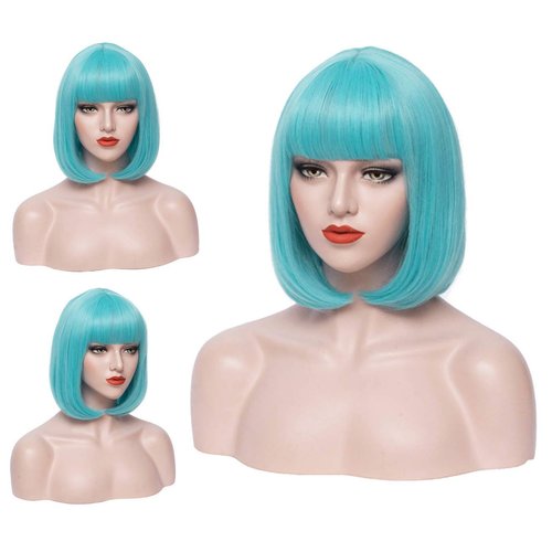PATTNIUM 12 Inches Blue Bob Wig Short Light Blue Bob Wig with Bangs for Women and Girls Heat Resistant Synthetic Teal Blue Bob Wig (Light Blue)