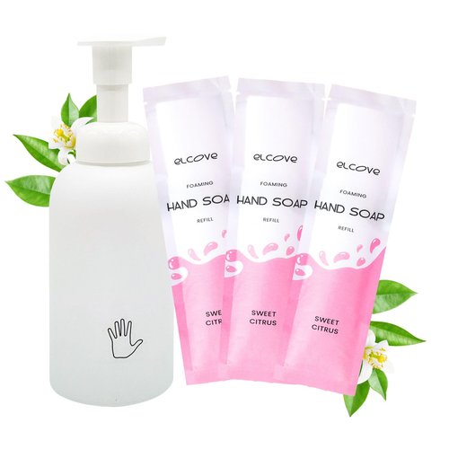 Elcove Foaming Hand Soap Starter Set│Reusable Glass Bottle│Concentrated Foam Soap Refills Make 3 x 12oz (36 oz total) of Foaming Hand Wash│Zero Waste│ Eco-Friendly │Cruelty Free│ Sweet Citrus