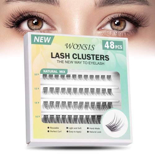WONSIS Lash Clusters, False Eyelashes Individual for DIY Lash Extension, 48 Clusters Mix Length Individual Lashes, Natural Look Reusable Cluster Lashes for Home Eyelash Extensions (Natural)