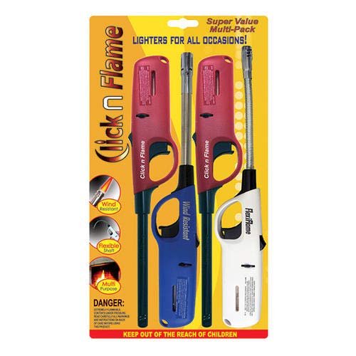 Click n Flame Utility Lighter 4-Pack for All Occasions Wind Resistant Flexible Shaft Multi Purpose Lighter BBQ Kitchen Candle Fireplace Grill Flexible Lighter