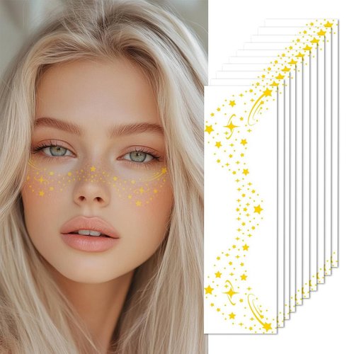 Gold Glitter Freckles Temporary Face Fake Tattoos For Women, Sparkle Waterproof Makeup Patches, Glow Up Faux Comet Stars Speckles - 10 Count