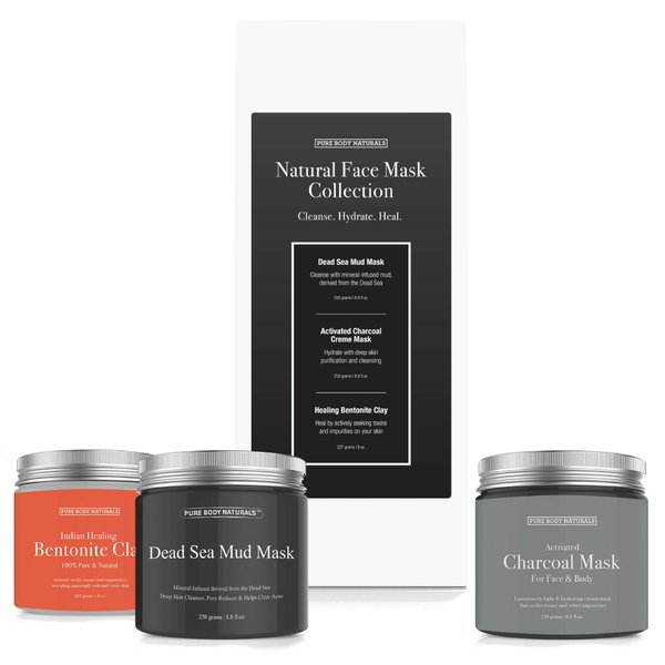 Pure Body Naturals Face Mask Gift Set - includes Natural Mud Mask, Clay Mask and Charcoal Face Mask - Facial Self Care Gift for Women, Mother, Wife (3 Jars, 8.8 oz. Each)