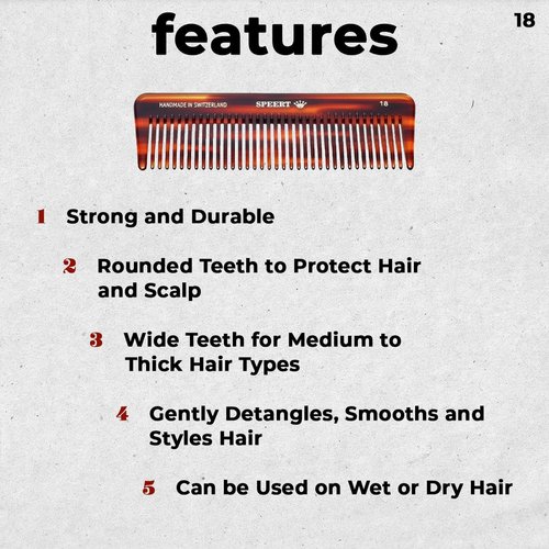 Speert #18 Handmade Wide Tooth Comb Tortoise Havana Acetate Thick Coarse Curly Detangling Parting Grooming Teasing Hair Styling Hairdresser Barber Hairdressing Wet Dry Pocket Travel Women Men Kids