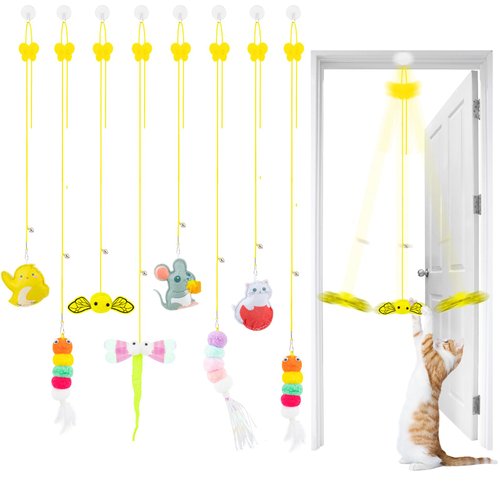 8 PCS Cat Feather Toys Cat Toys Hanging, Interactive Hanging Cat Toy Door Cat Teaser Retractable Door Frame Cat Hunting Toy, Cat Mouse Toy Hanging String Toys for Indoor Kitten Self Play Exercise
